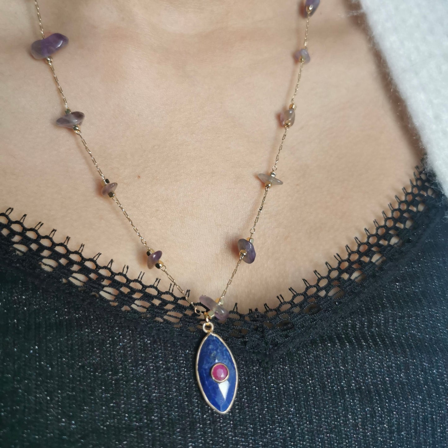 Collier Amulette améthyste lapis-lazuli